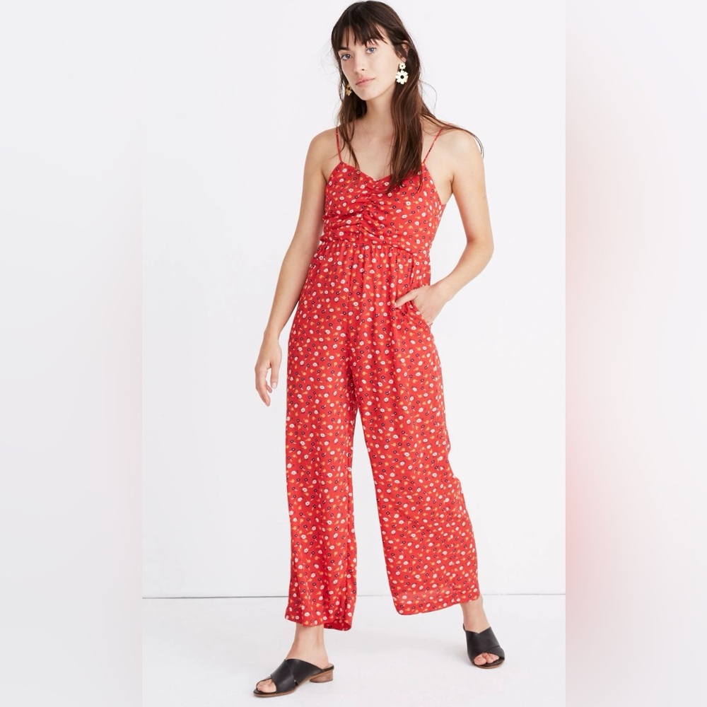 Madewell Sleeveless Ruched Wide-Leg Jumpsuit in Red w Prairie Posies ZB15